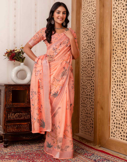 Peach Cotton Printed Saree