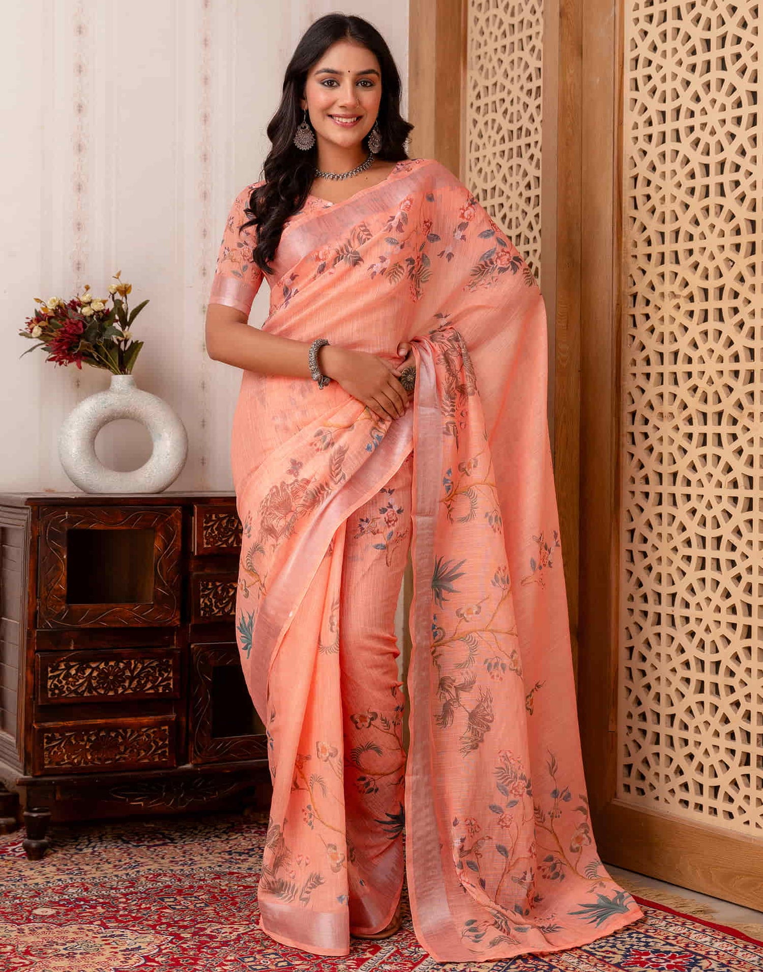 Peach Cotton Printed Saree