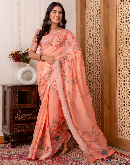 Peach Cotton Printed Saree