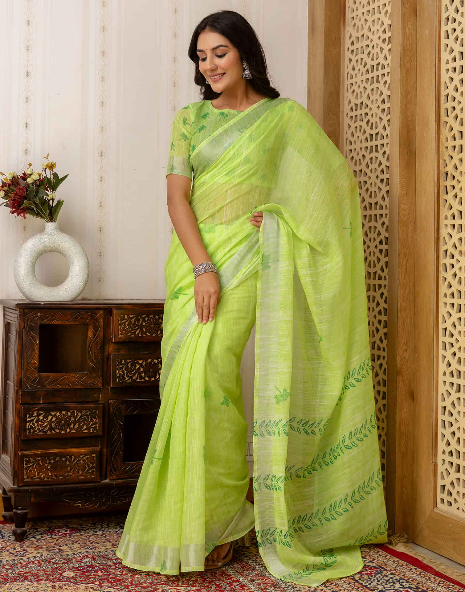 Bright Green Cotton Printed Saree