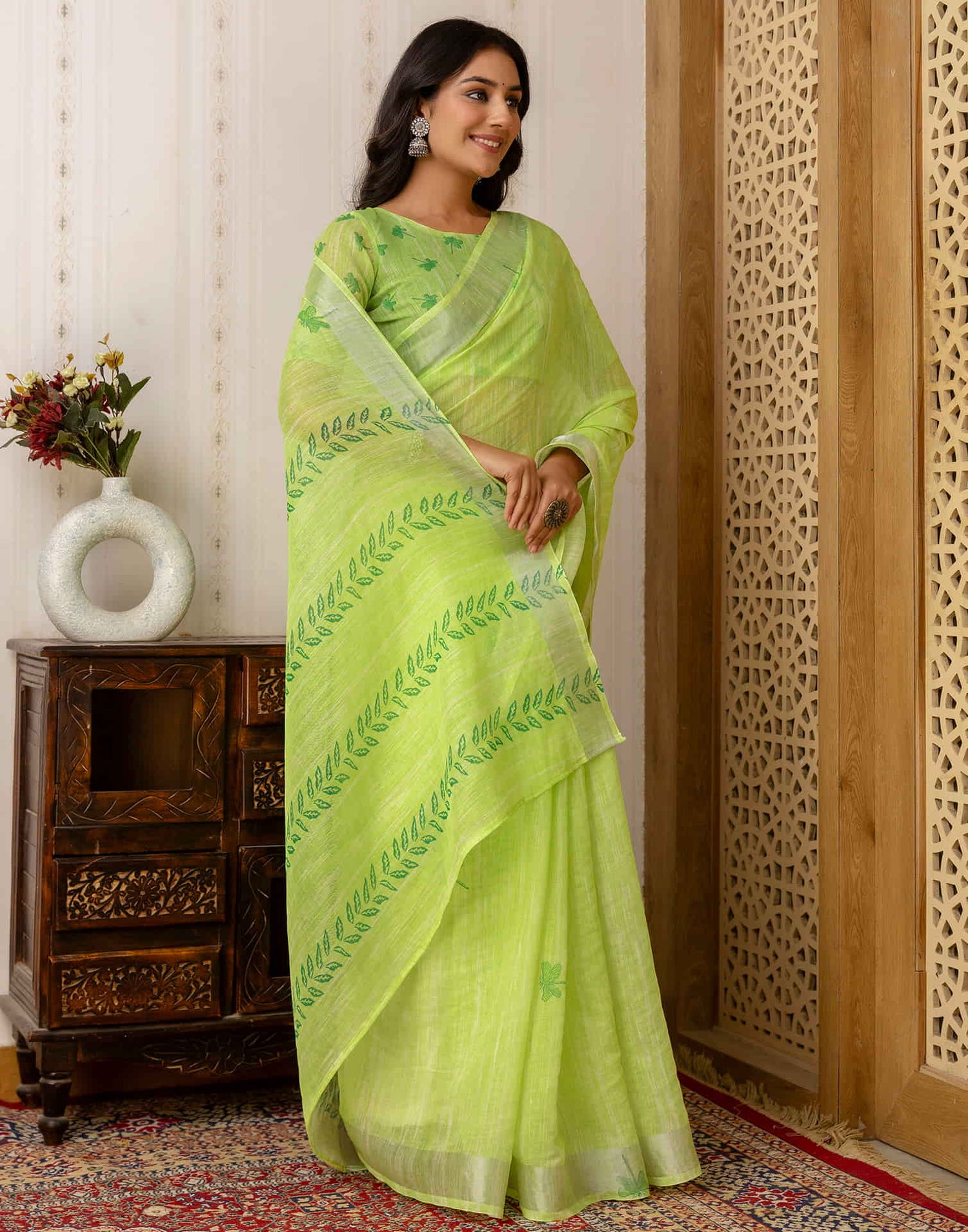 Bright Green Cotton Printed Saree