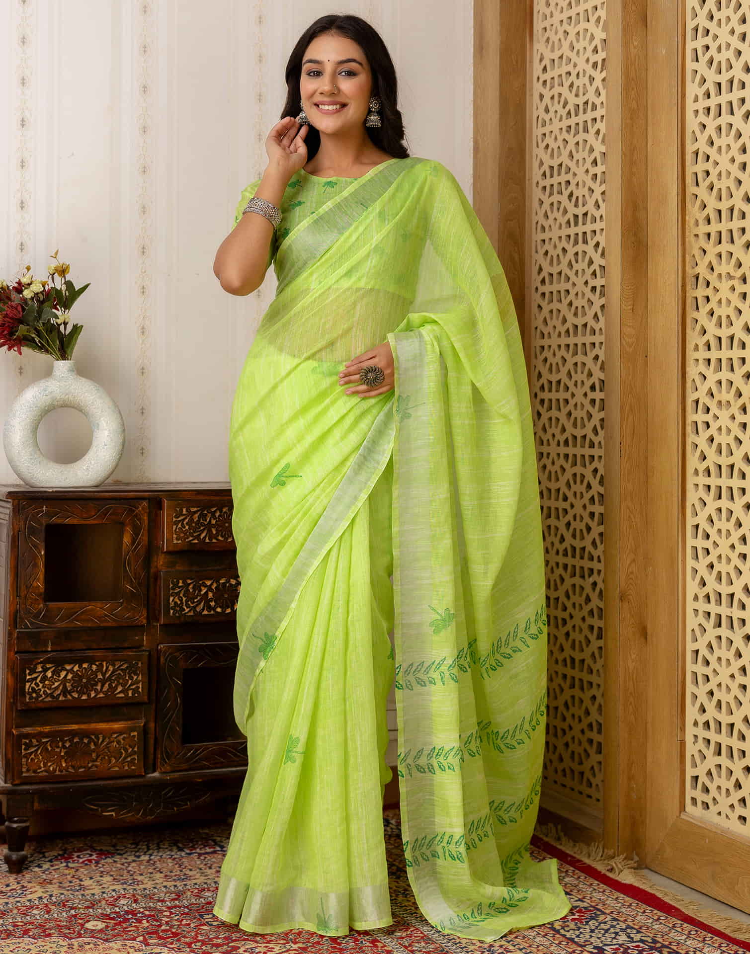 Bright Green Cotton Printed Saree