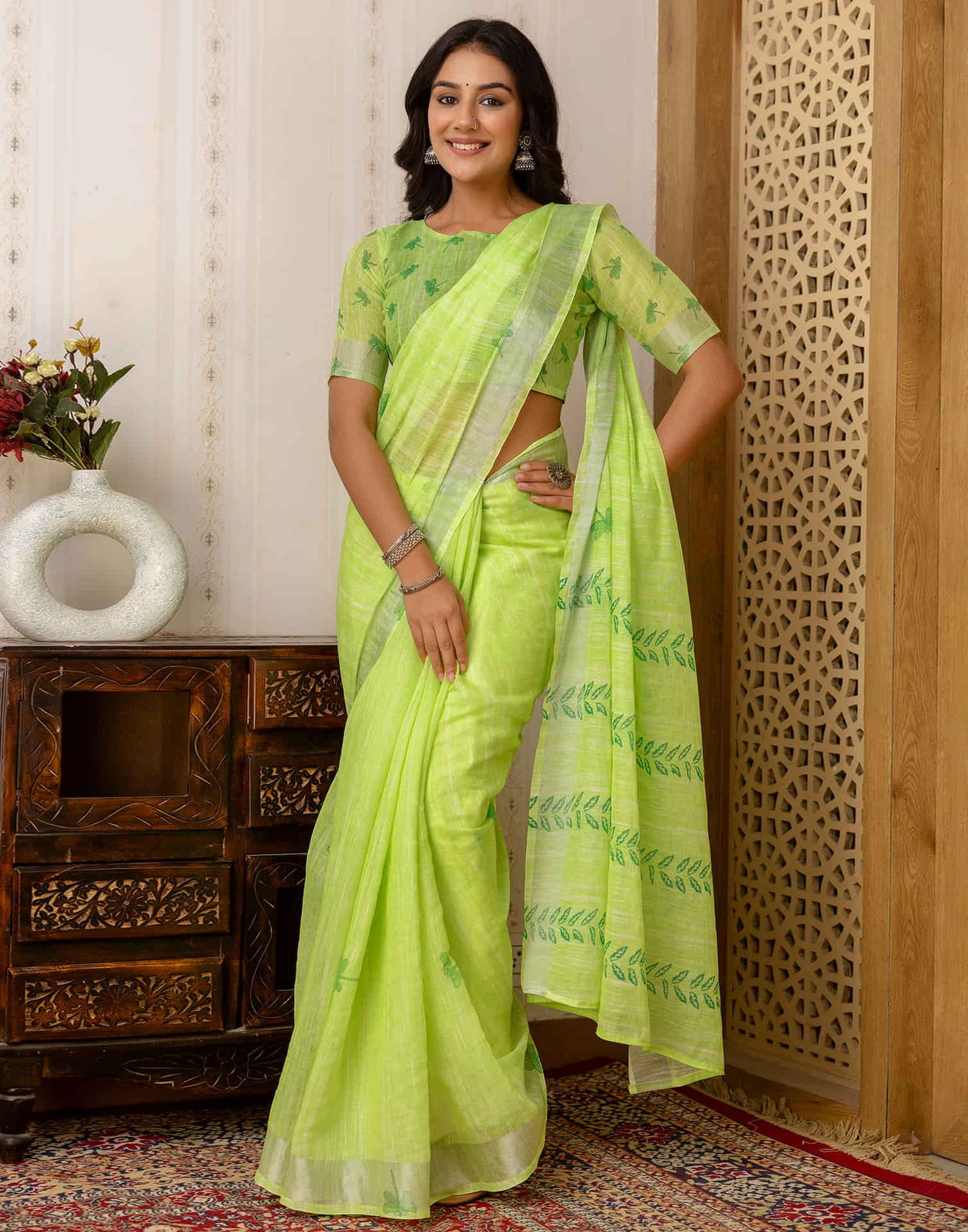 Bright Green Cotton Printed Saree