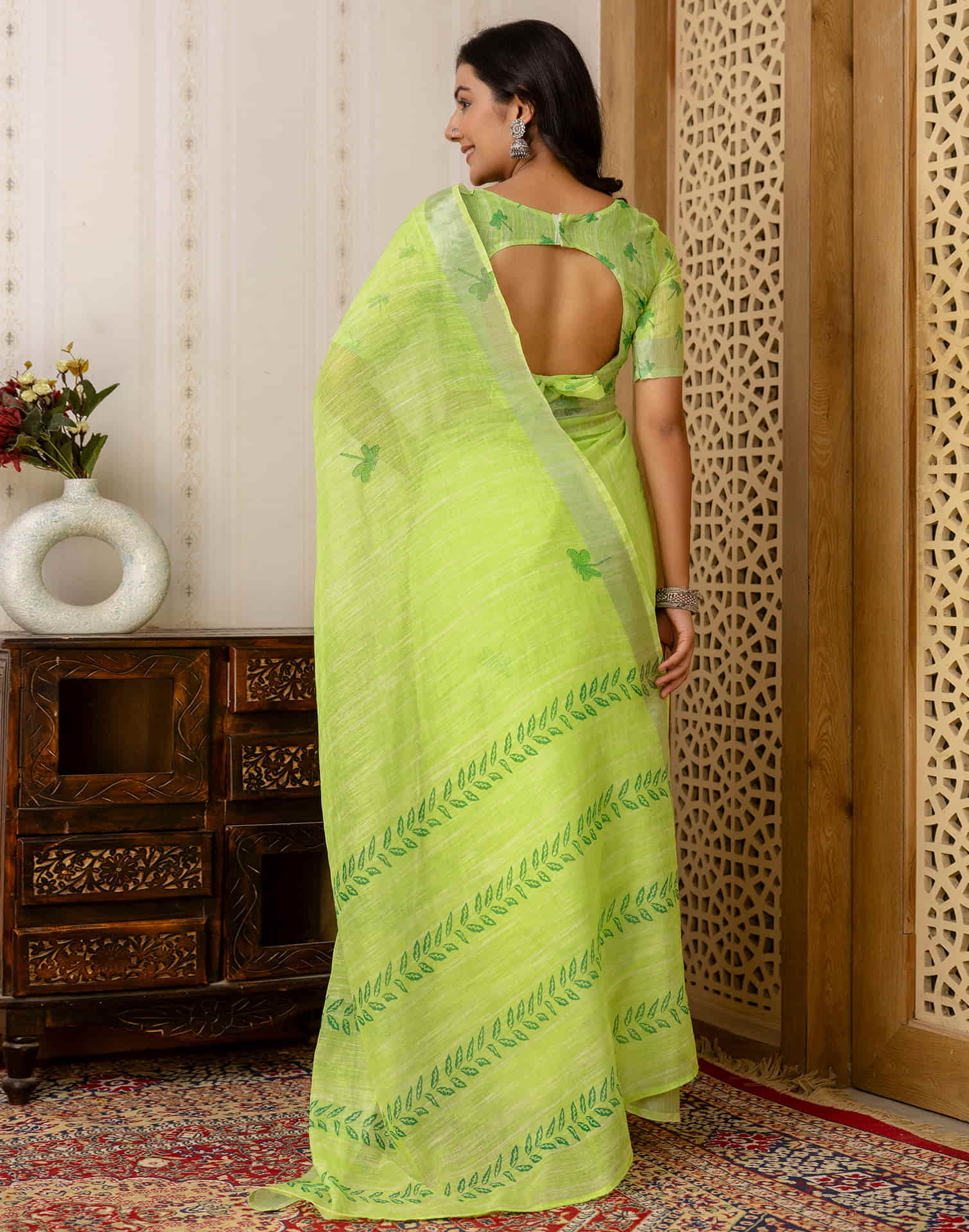 Bright Green Cotton Printed Saree