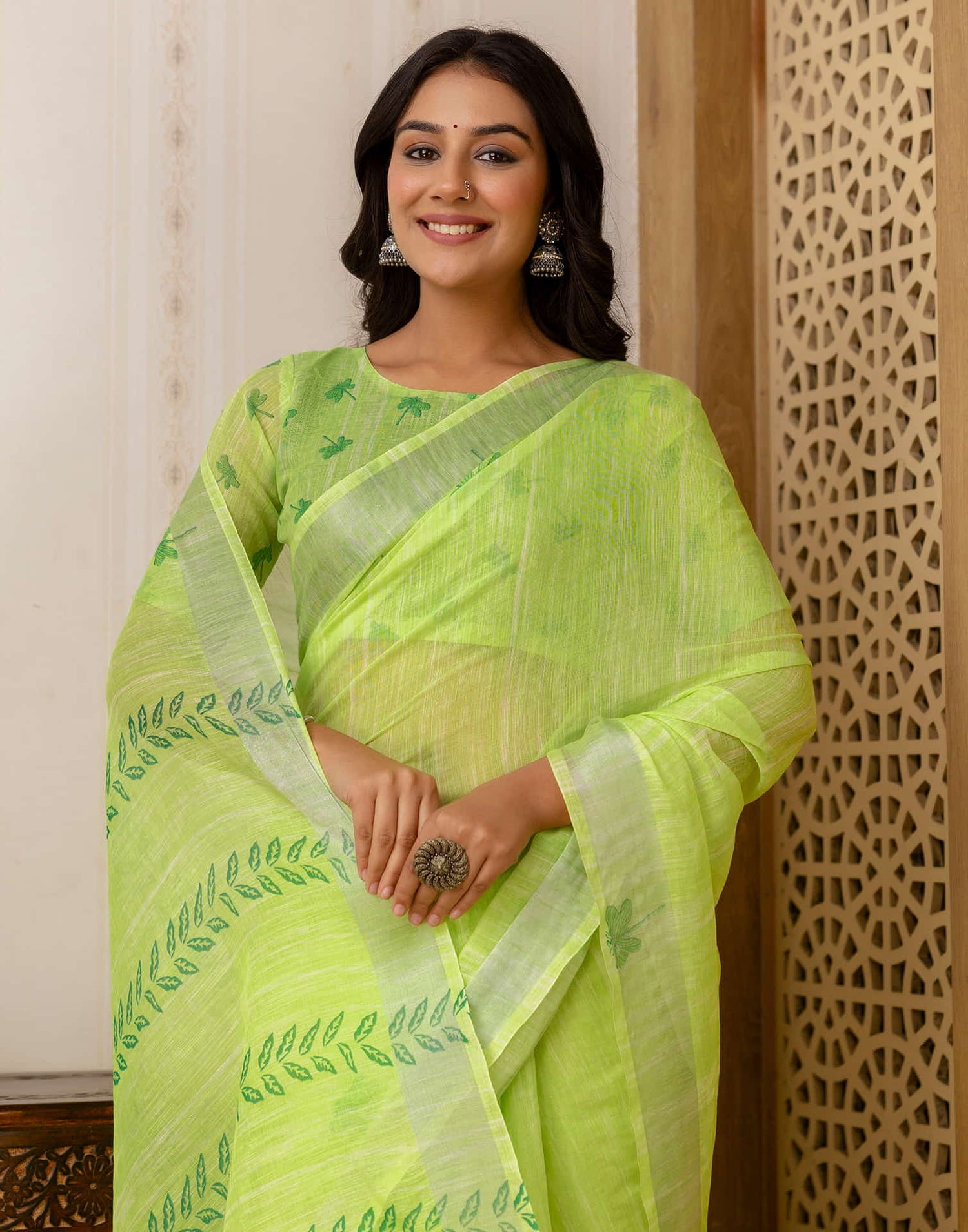 Bright Green Cotton Printed Saree