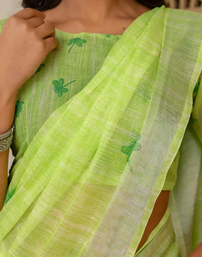 Bright Green Cotton Printed Saree