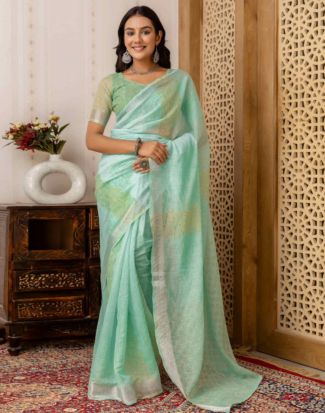 Turquoise Cotton Printed Saree