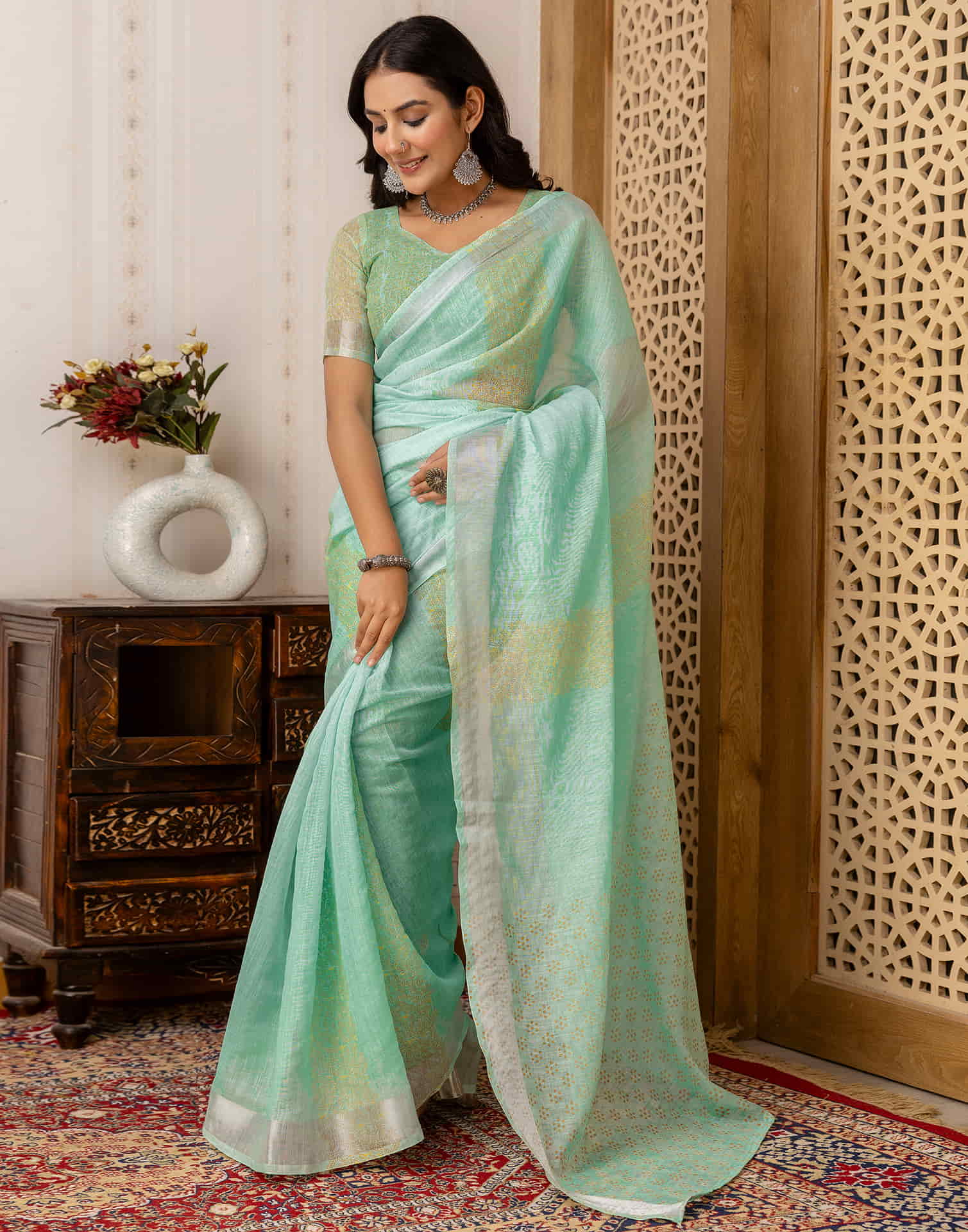 Turquoise Cotton Printed Saree