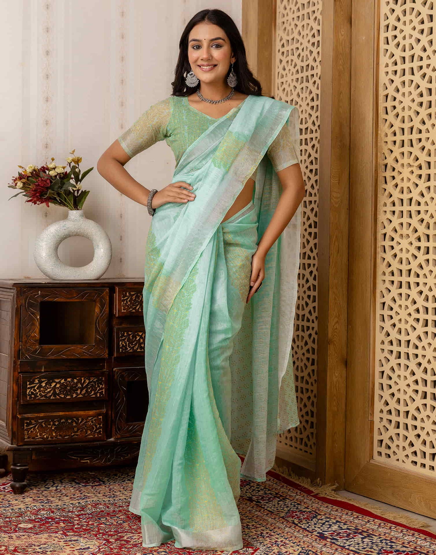 Turquoise Cotton Printed Saree