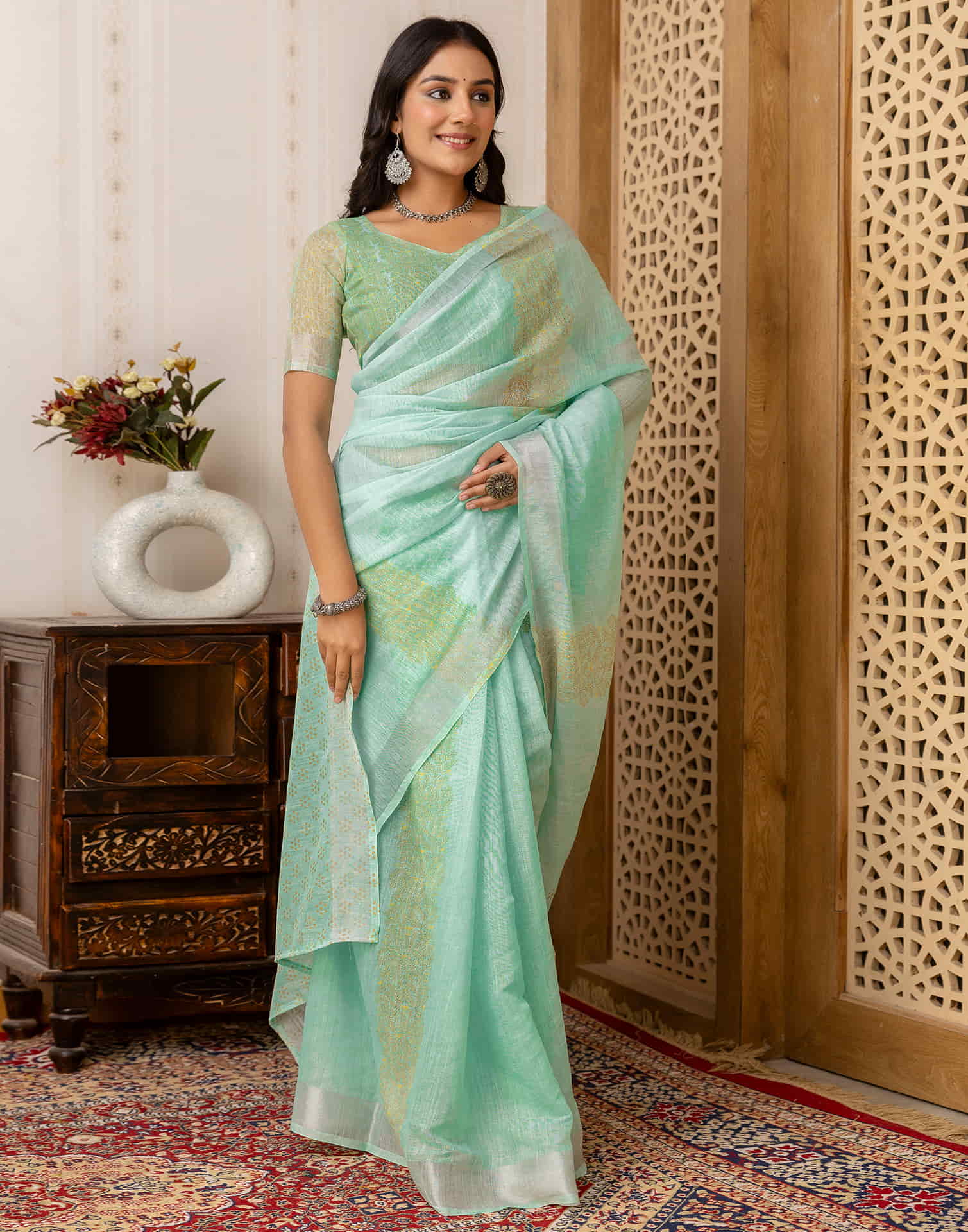 Turquoise Cotton Printed Saree