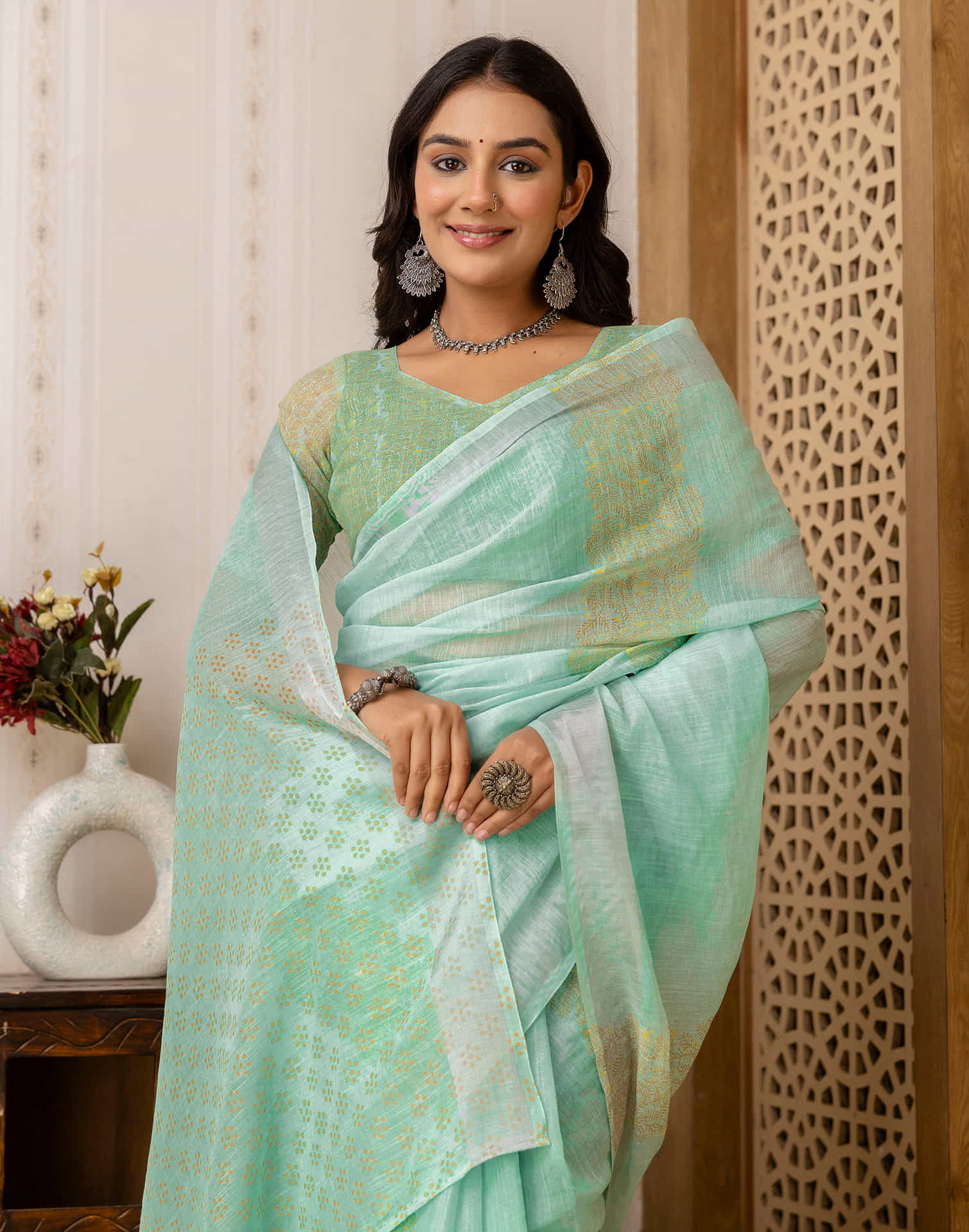 Turquoise Cotton Printed Saree