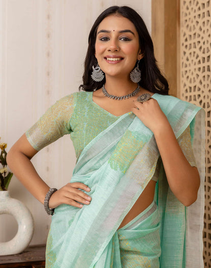 Turquoise Cotton Printed Saree