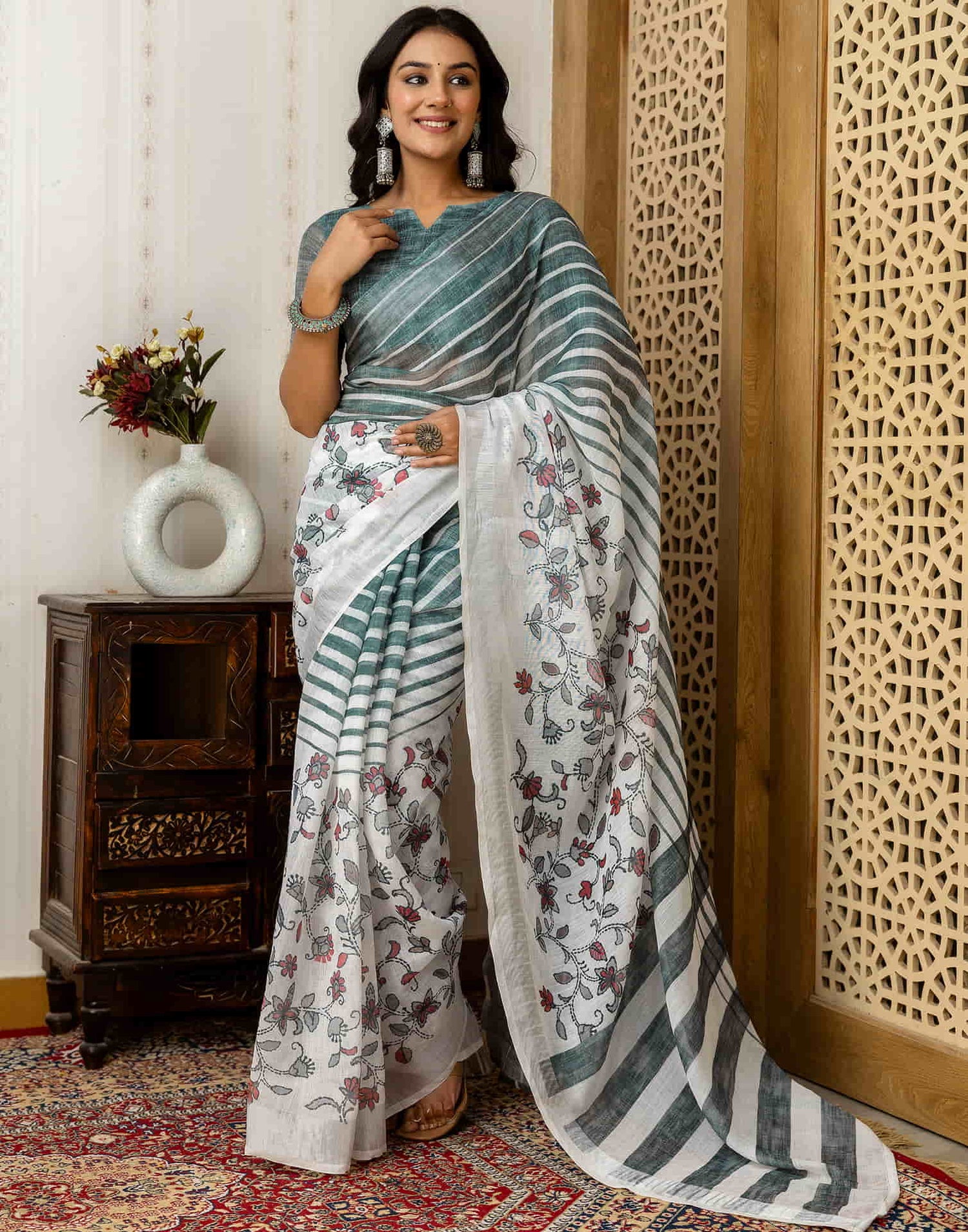 White Cotton Printed Saree