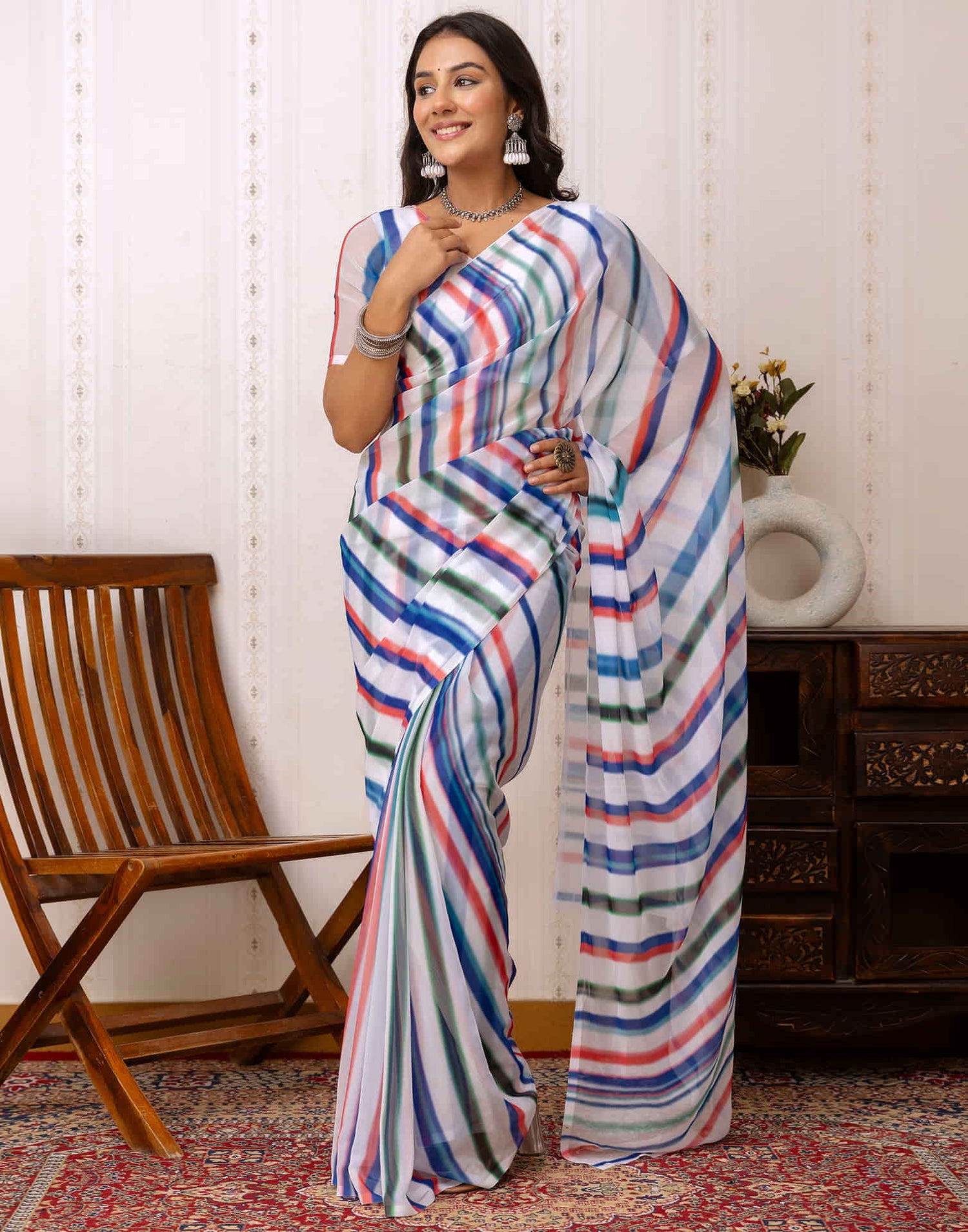 White Georgette Printed Saree