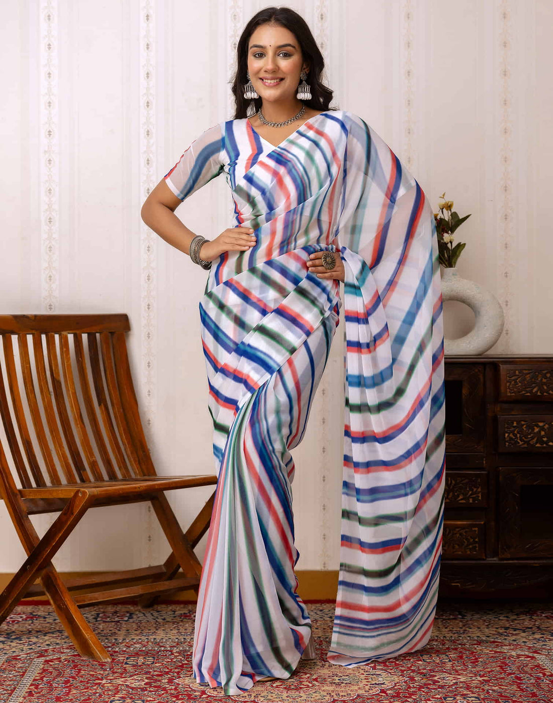 White Georgette Printed Saree