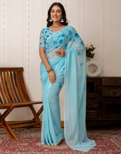 Sky Blue Georgette Printed Saree