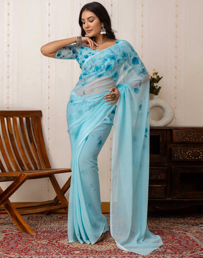 Sky Blue Georgette Printed Saree