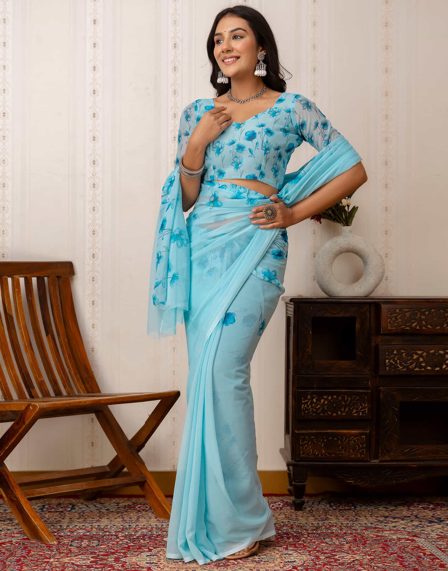 Sky Blue Georgette Printed Saree