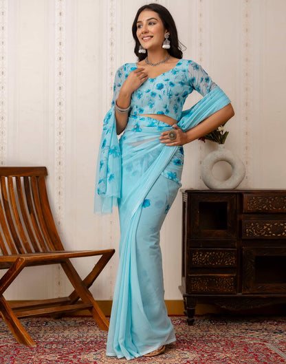 Sky Blue Georgette Printed Saree