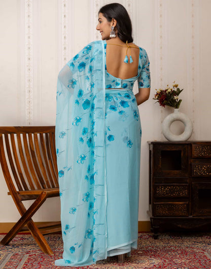 Sky Blue Georgette Printed Saree