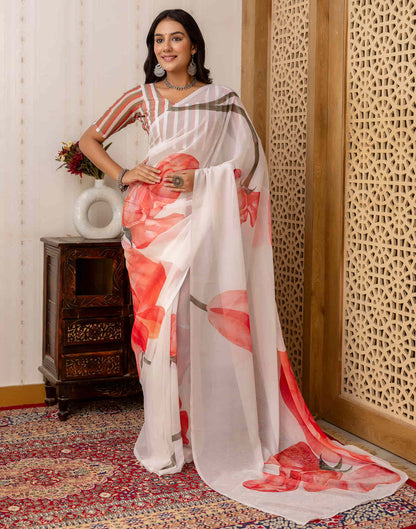 White Georgette Printed Saree