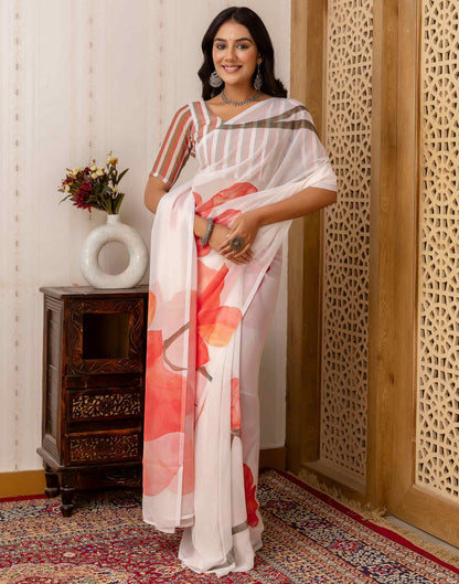 White Georgette Printed Saree