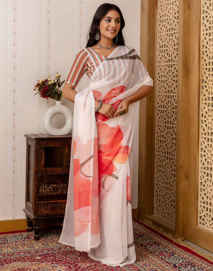 White Georgette Printed Saree