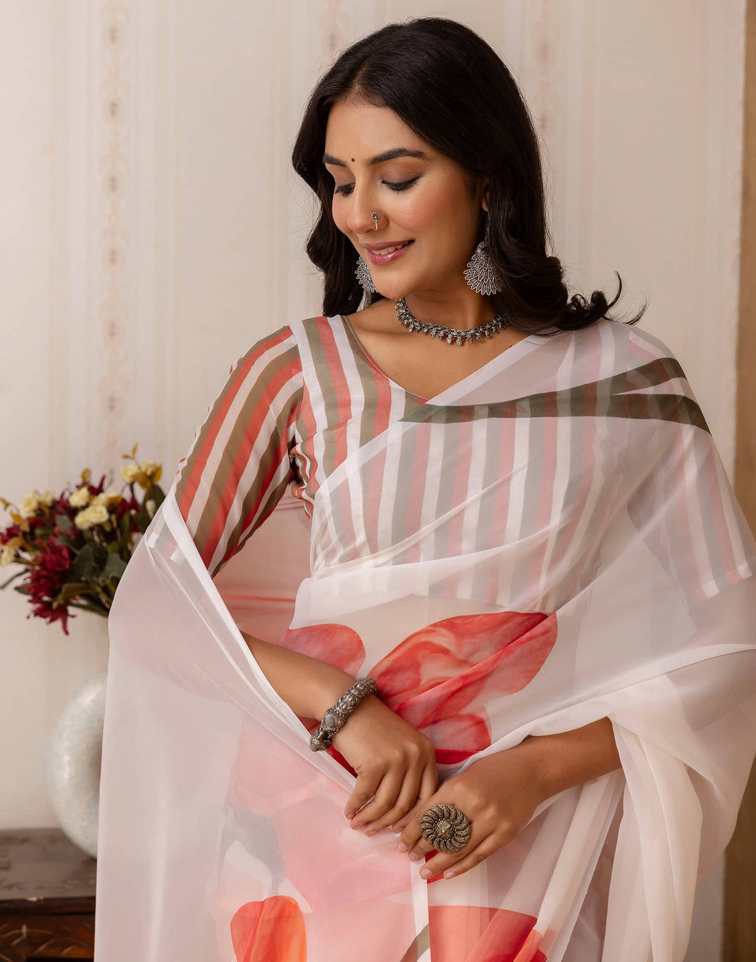 White Georgette Printed Saree