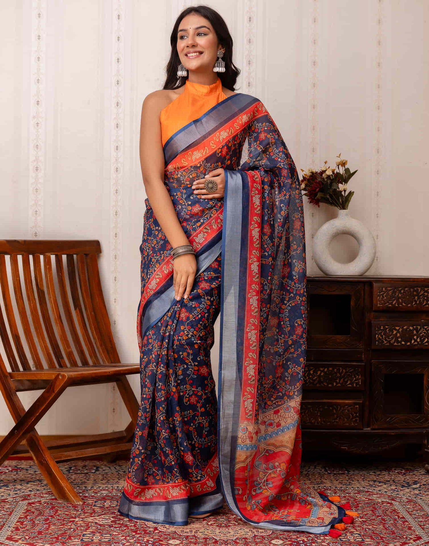 Navy Blue Cotton Printed Saree