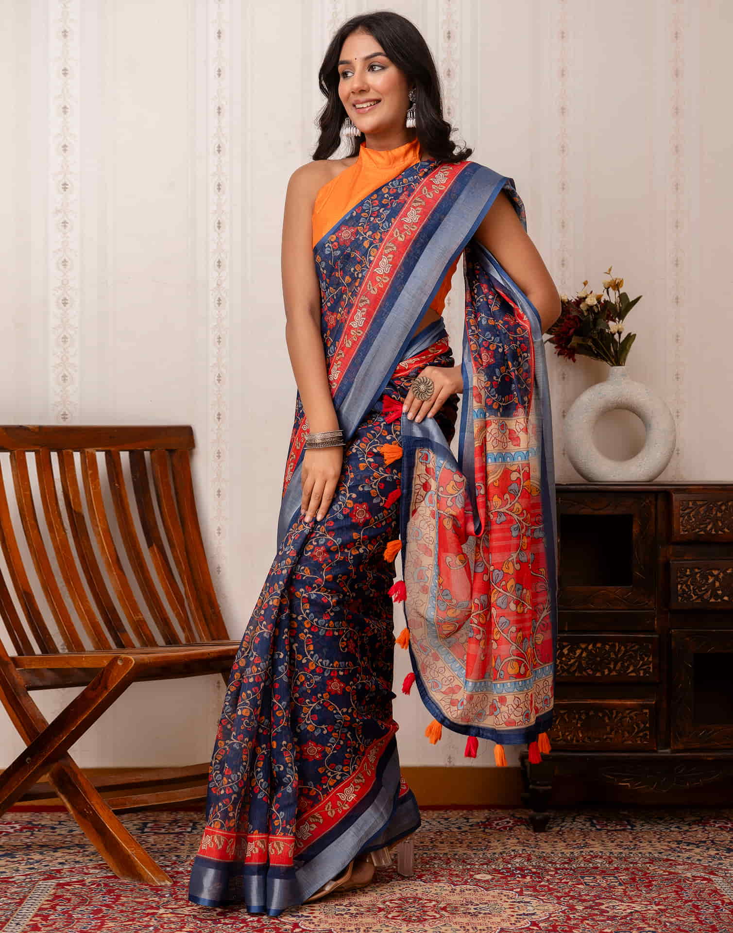 Navy Blue Cotton Printed Saree