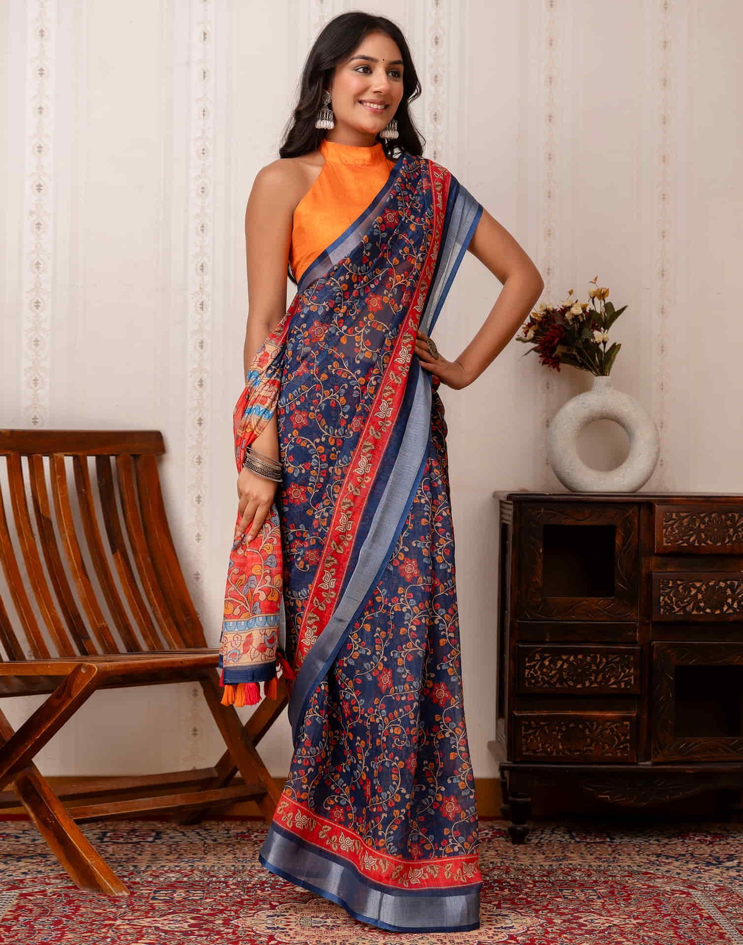 Navy Blue Cotton Printed Saree