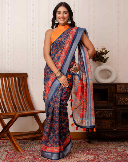 Navy Blue Cotton Printed Saree