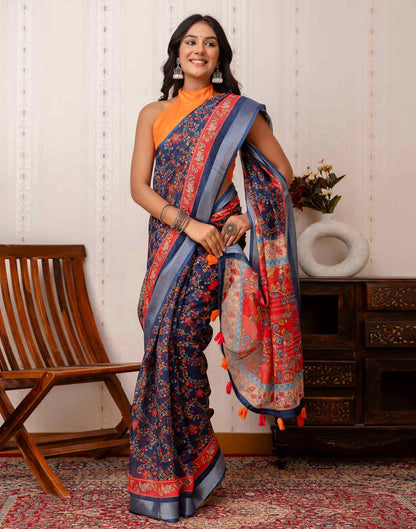 Navy Blue Cotton Printed Saree