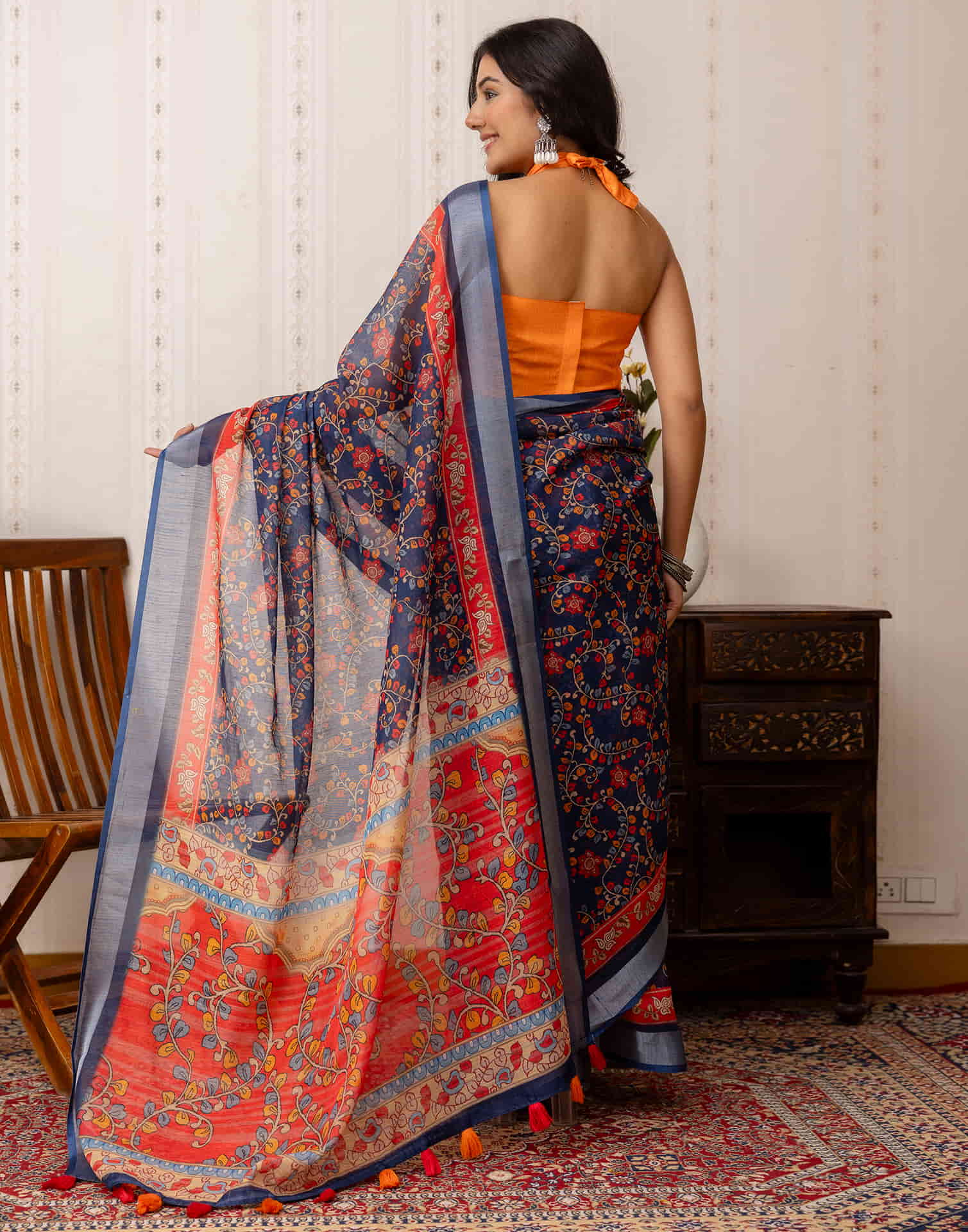 Navy Blue Cotton Printed Saree