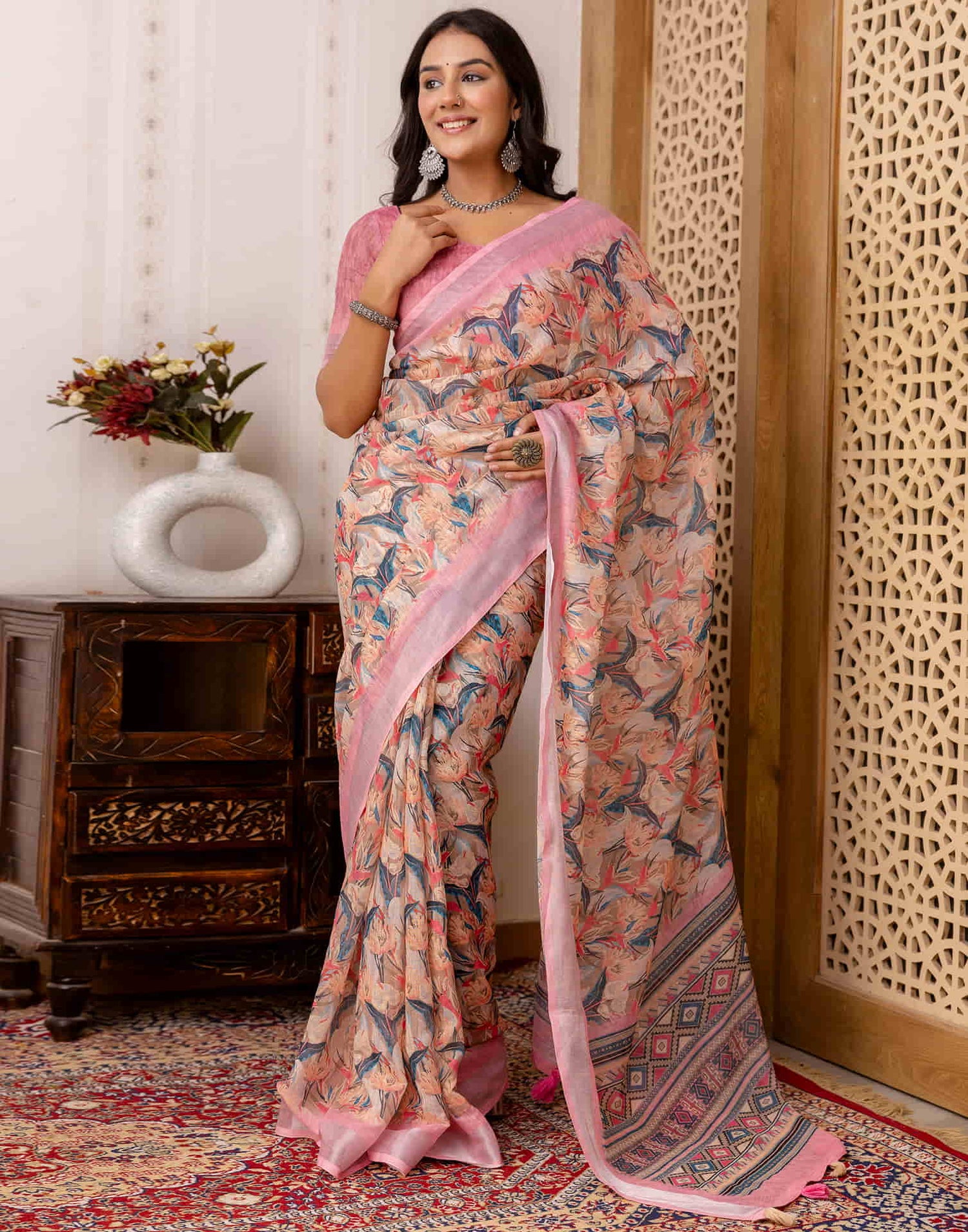 Beige Cotton Printed Saree