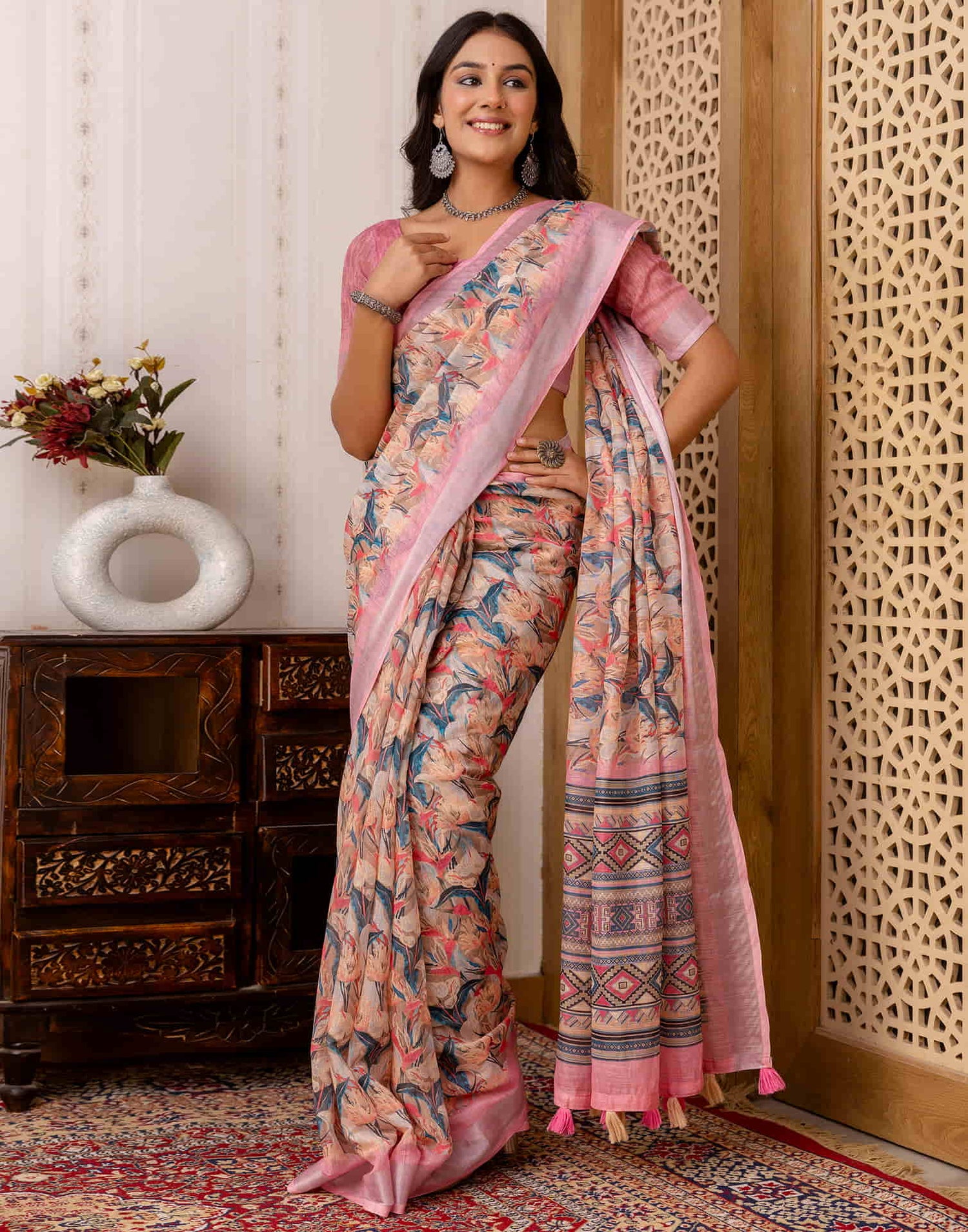 Beige Cotton Printed Saree