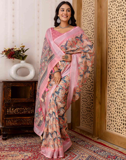 Beige Cotton Printed Saree