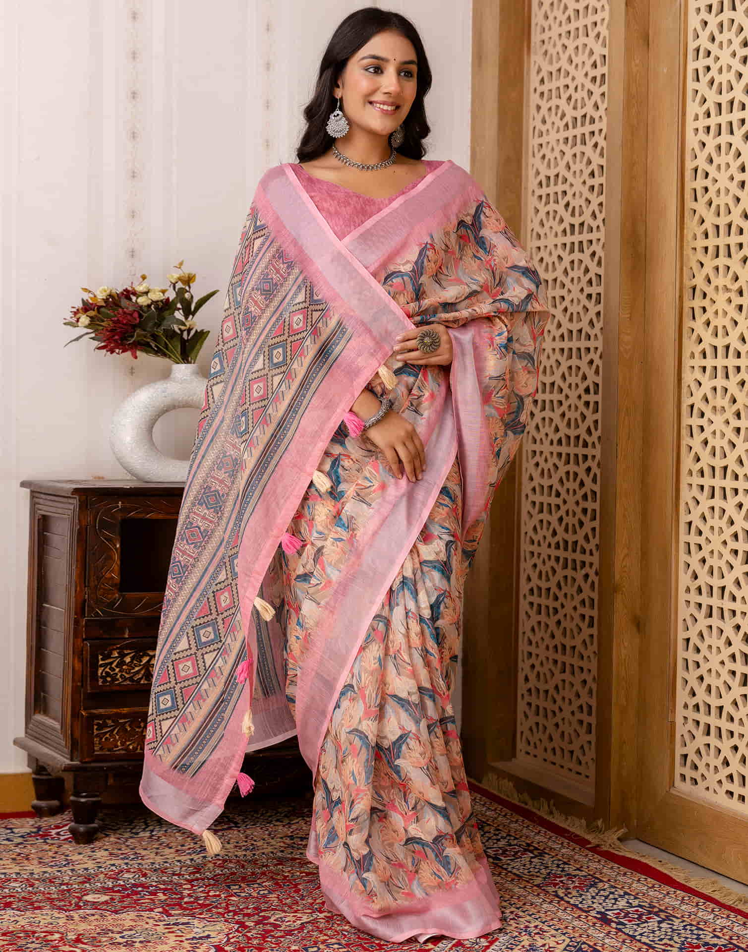 Beige Cotton Printed Saree