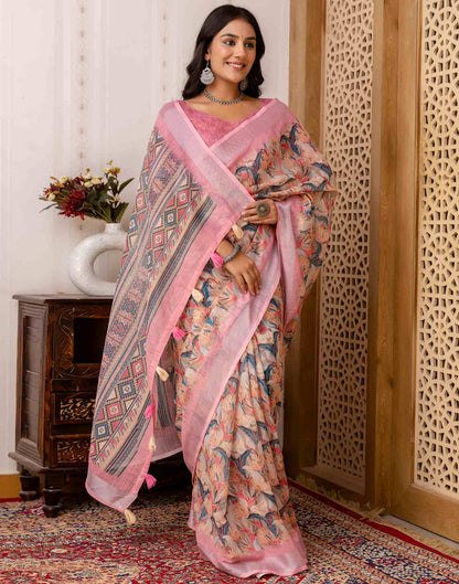 Beige Cotton Printed Saree