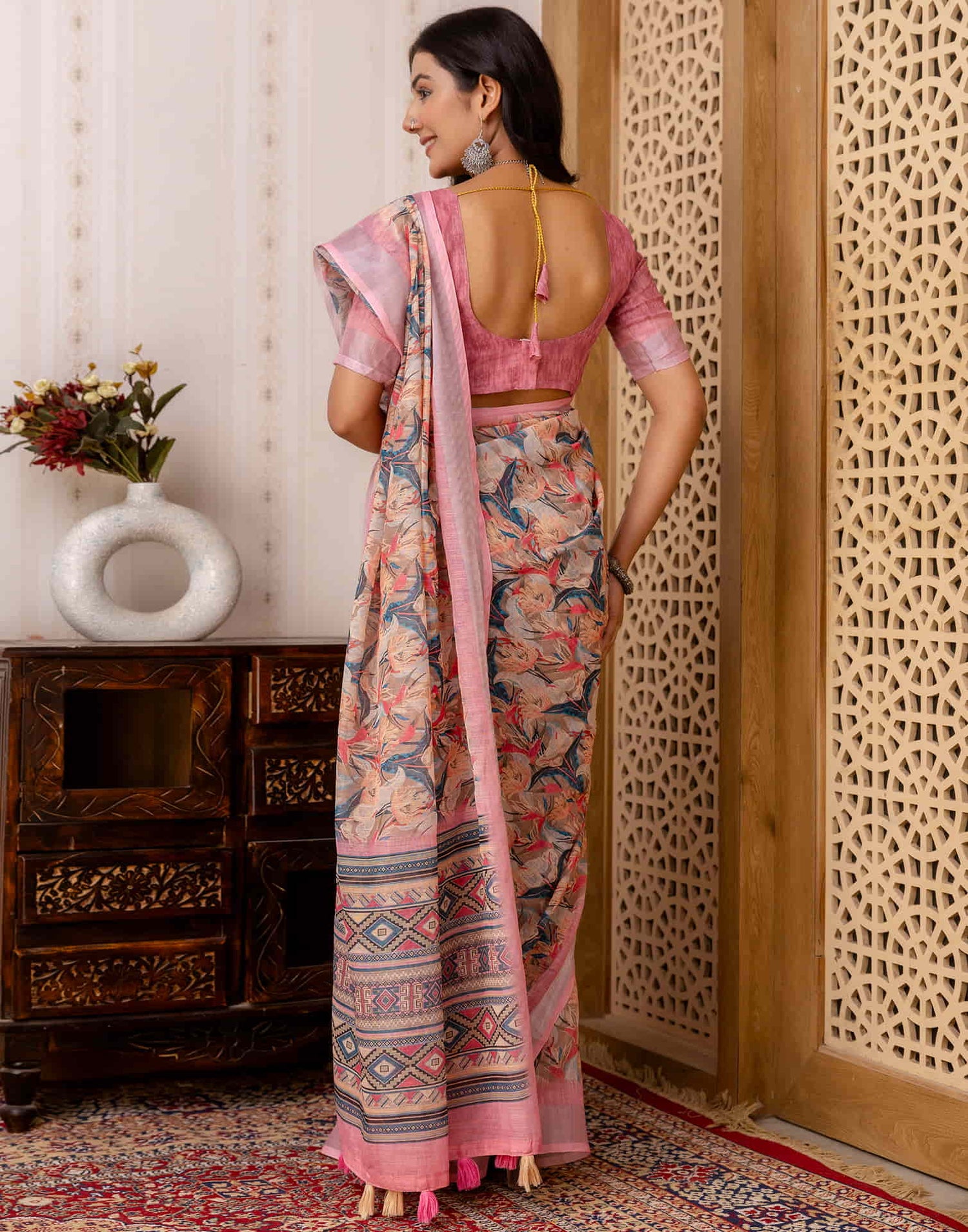 Beige Cotton Printed Saree