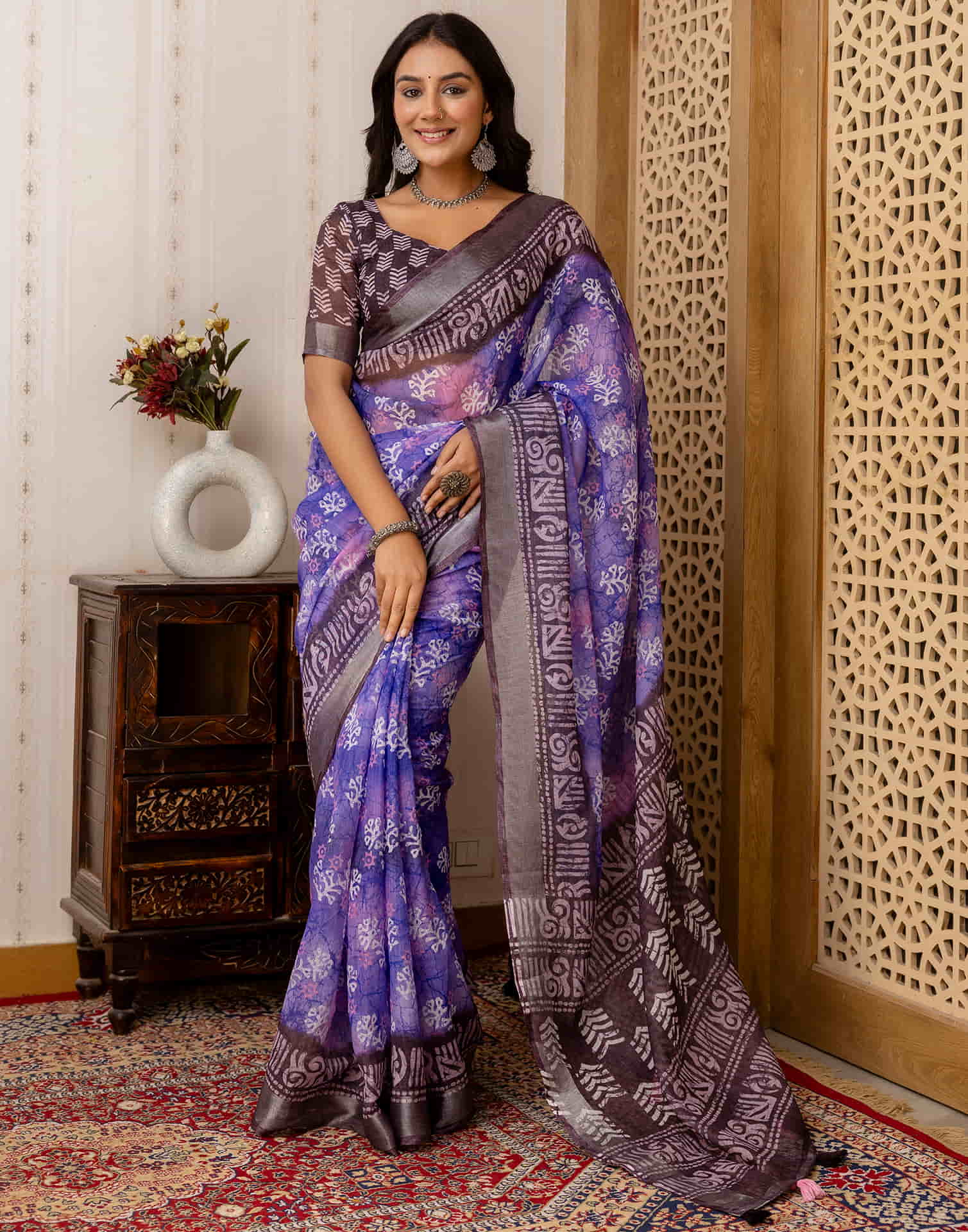 Blue Cotton Printed Saree