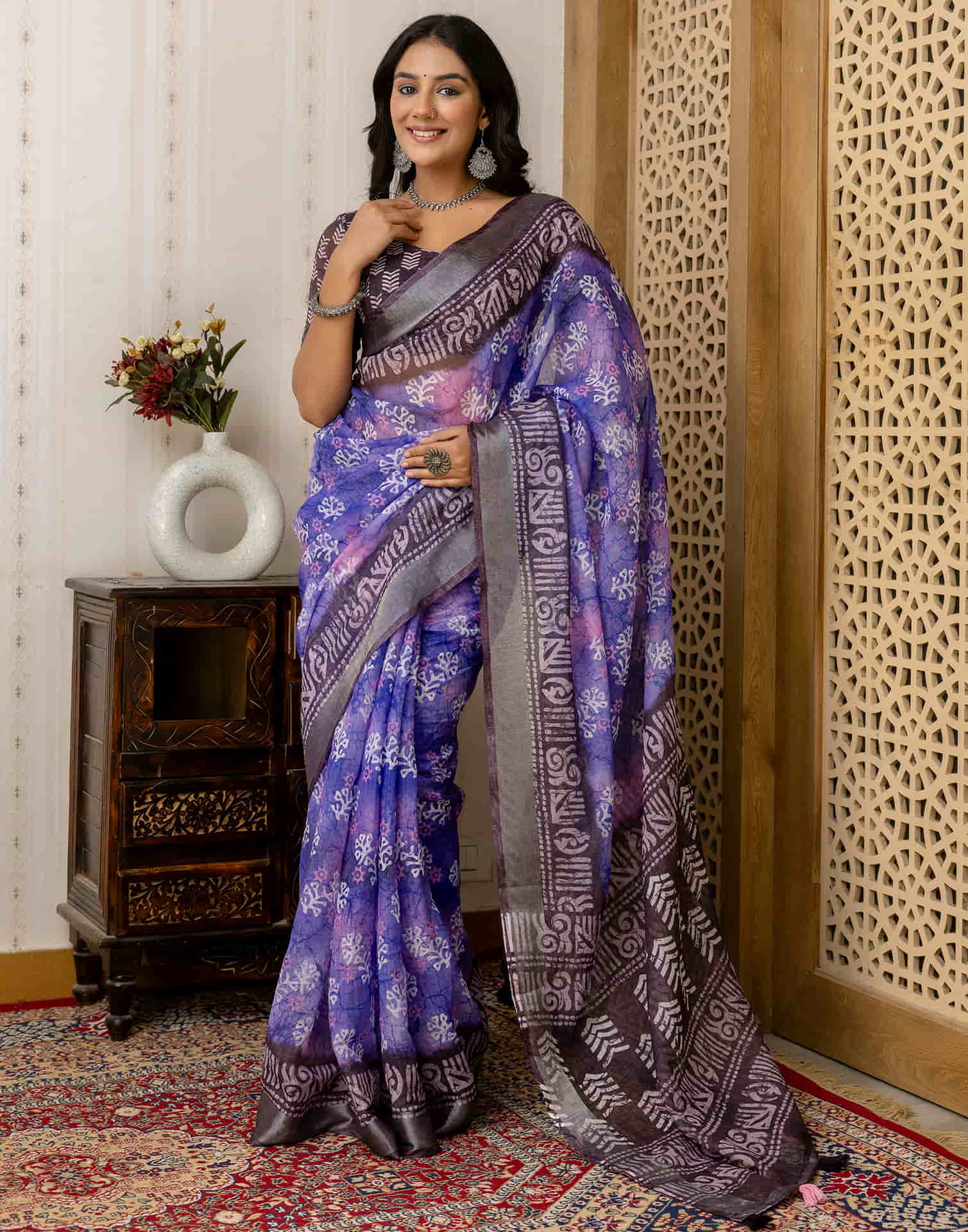 Blue Cotton Printed Saree