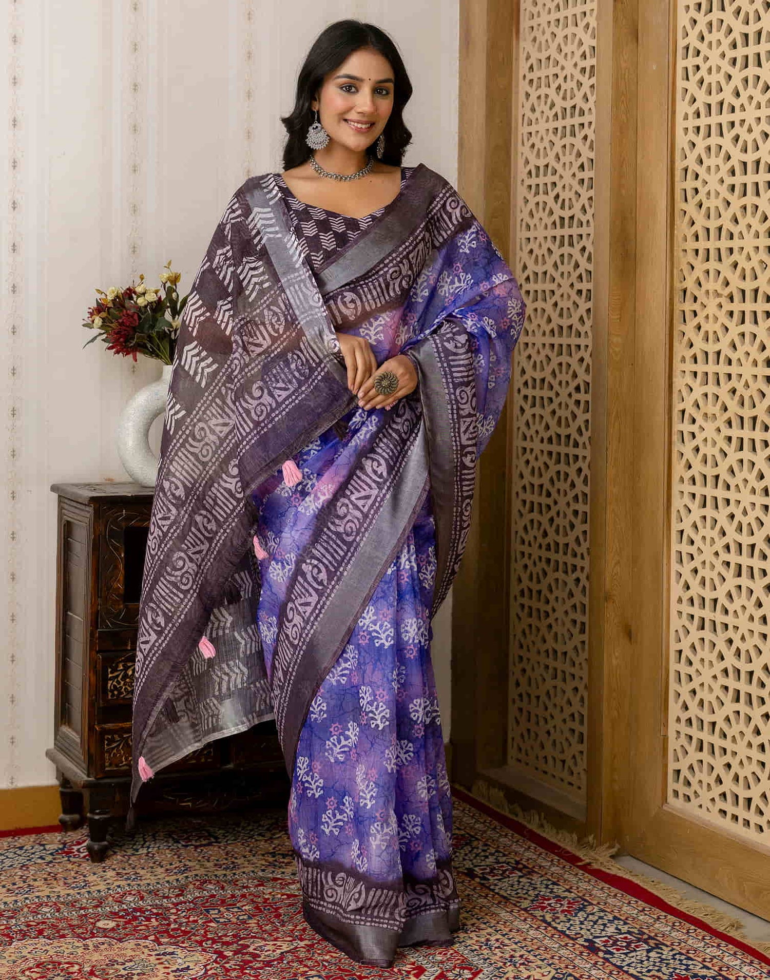 Blue Cotton Printed Saree