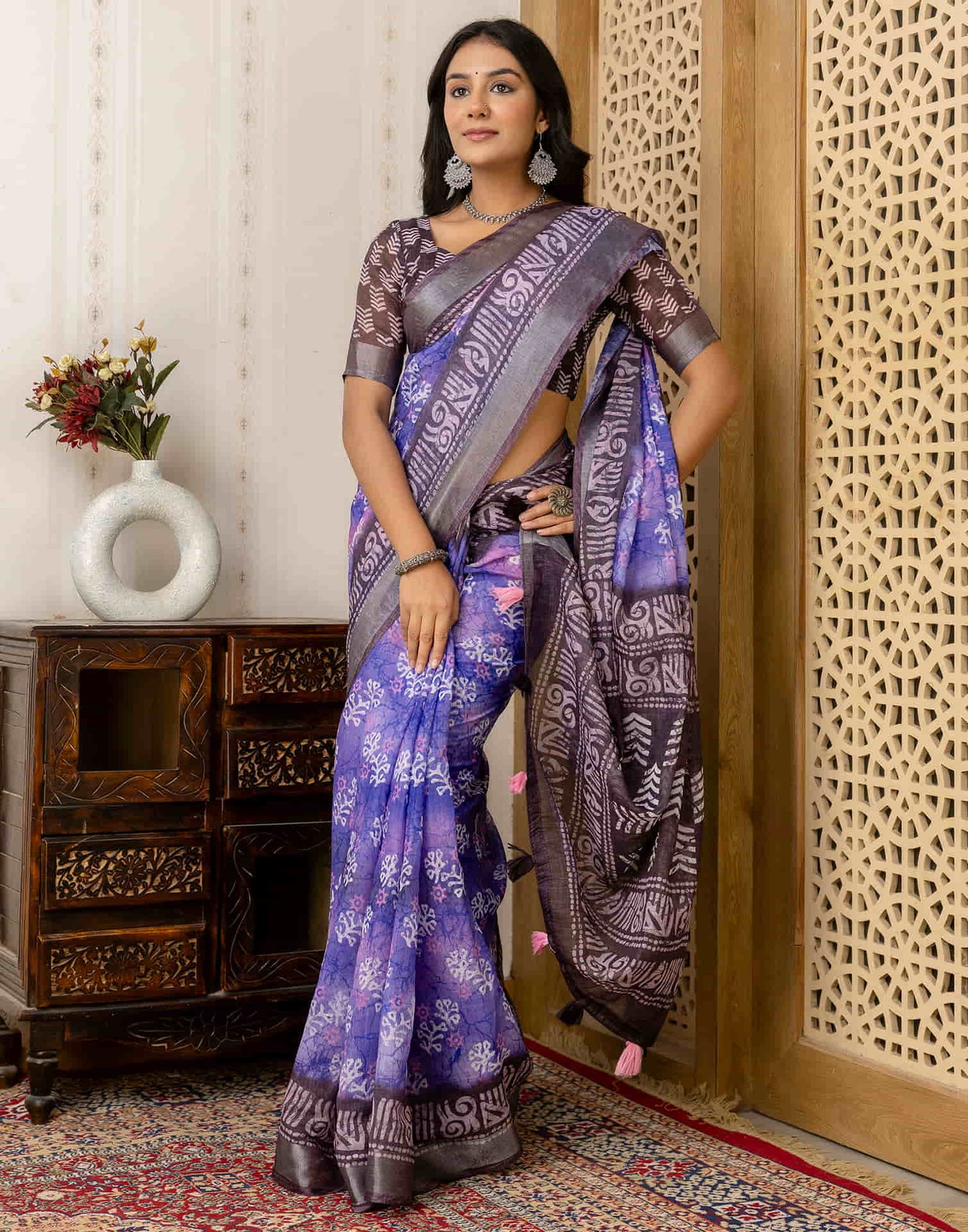 Blue Cotton Printed Saree