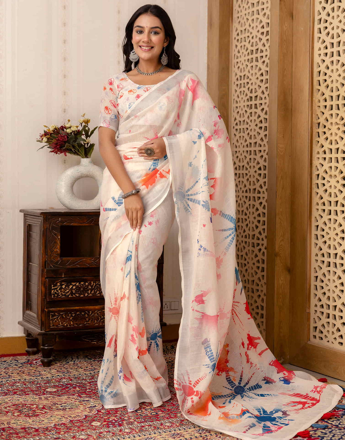 Off White Cotton Printed Saree