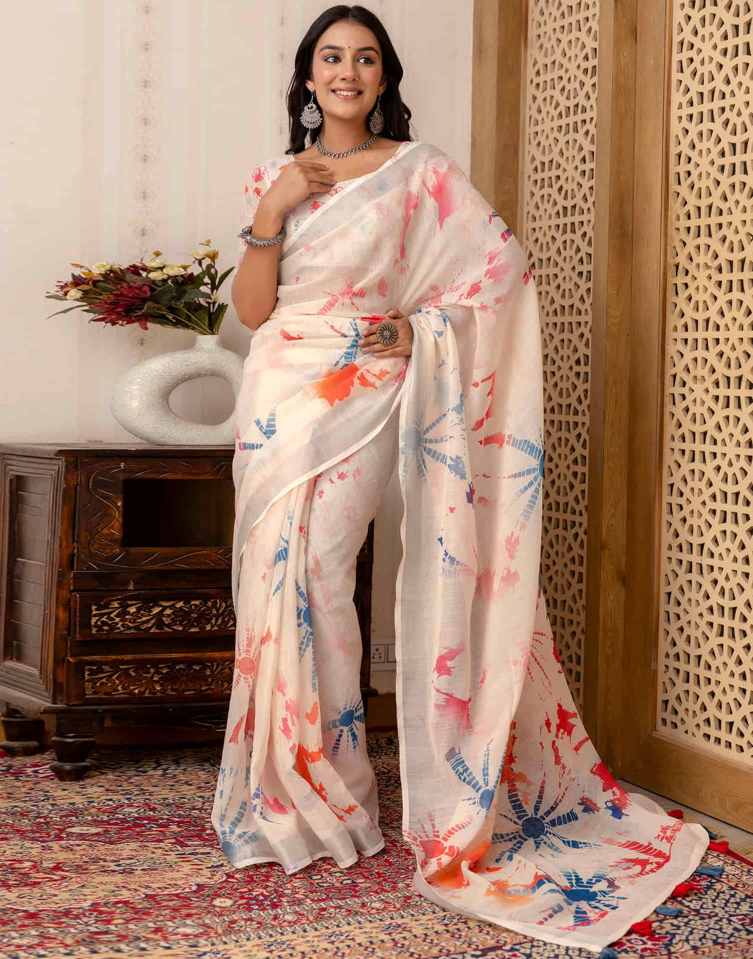 Off White Cotton Printed Saree