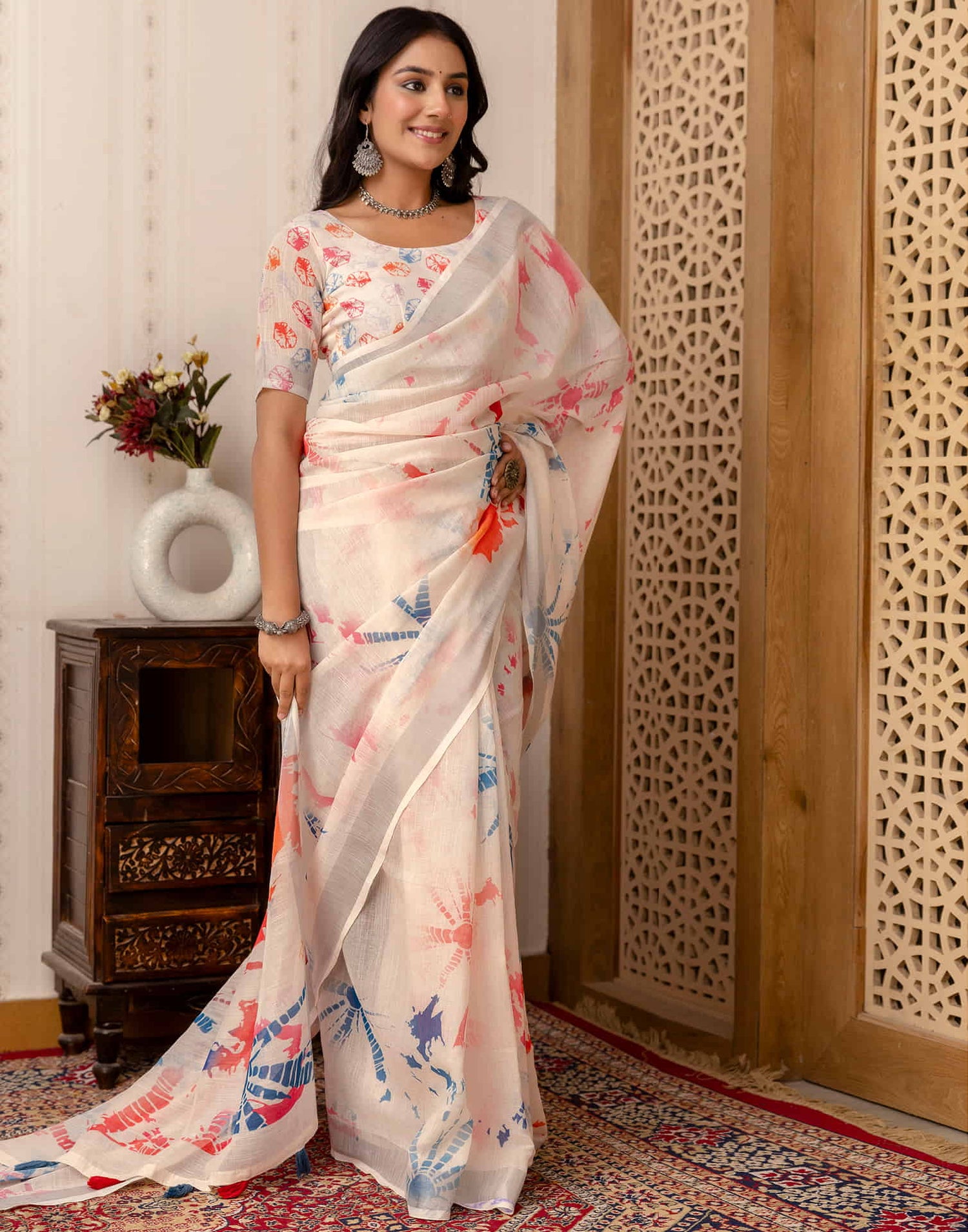 Off White Cotton Printed Saree