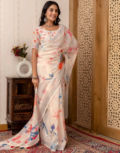 Off White Cotton Printed Saree