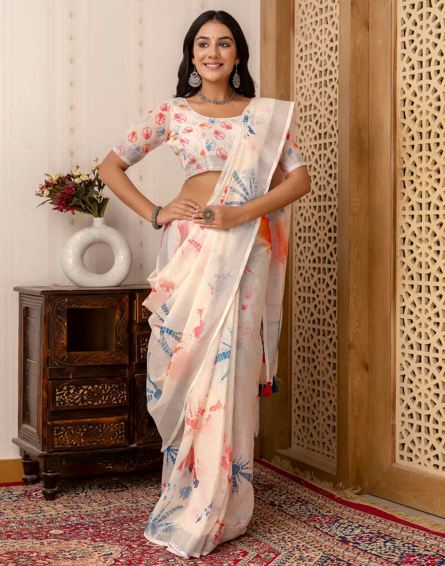 Off White Cotton Printed Saree