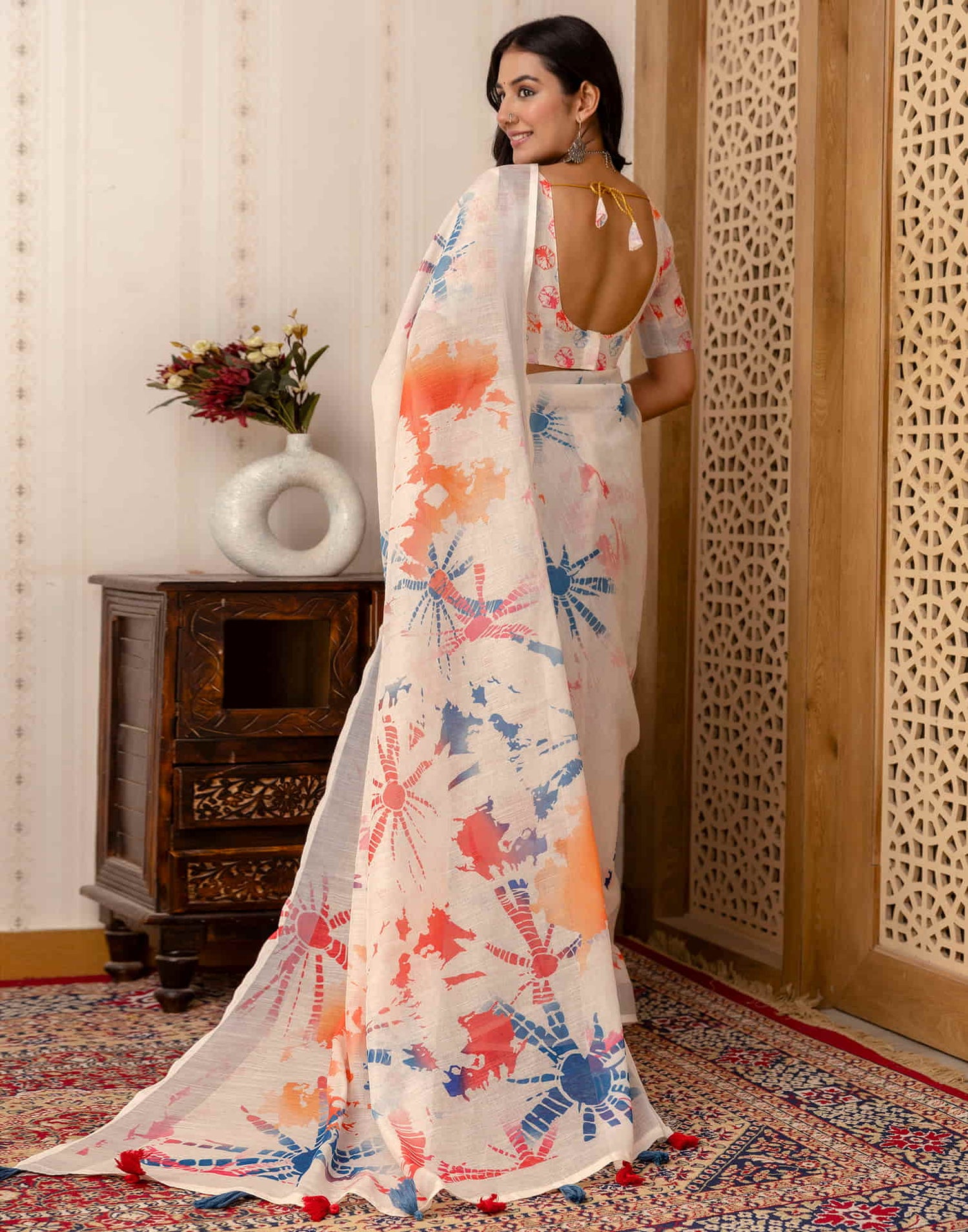 Off White Cotton Printed Saree